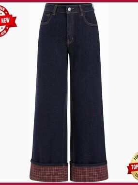 Wide Leg Jeans Stretchy Plaid Cuffed Hem High Waisted Straight Leg Denim
